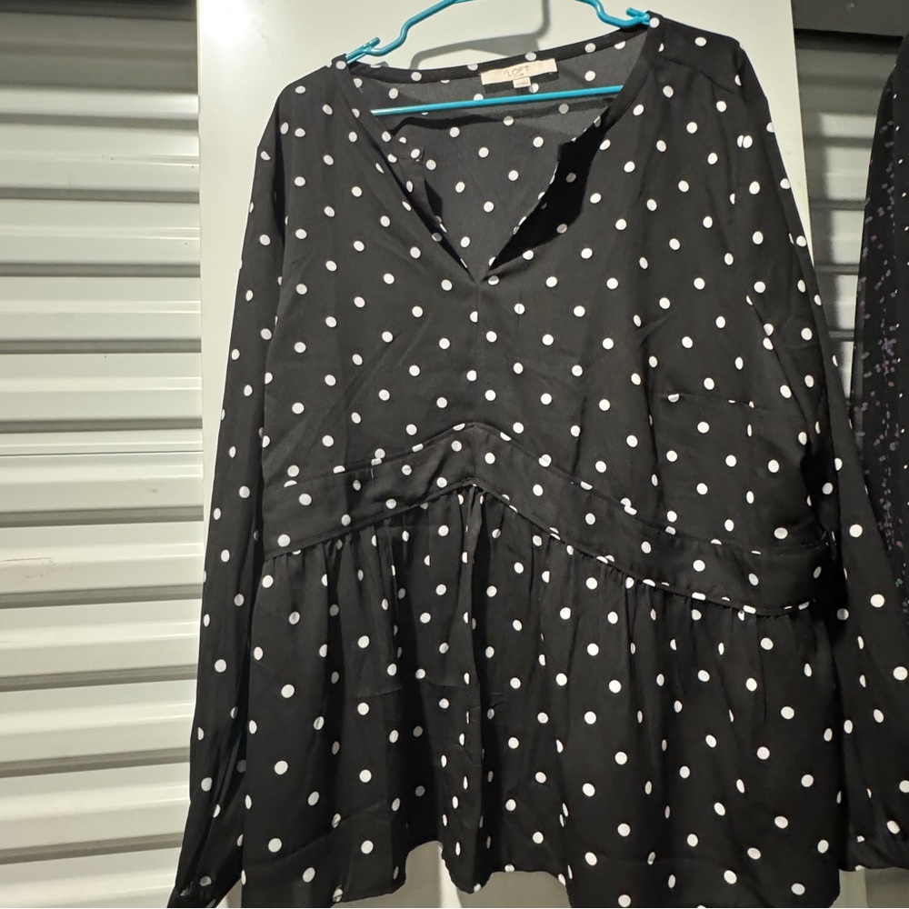 LOFT Black and White Peplum Blouse with Long Sleeves